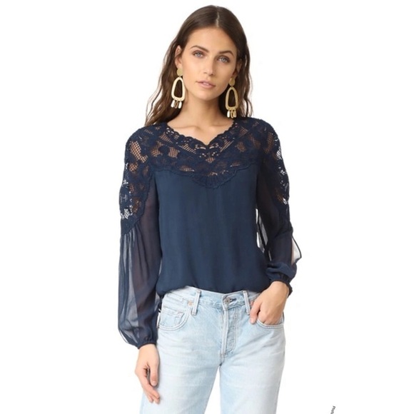 Kobi Halperin Serena Long-Sleeve Lace-Yoke Silk Blouse, Blue, size xsmall - Picture 1 of 7